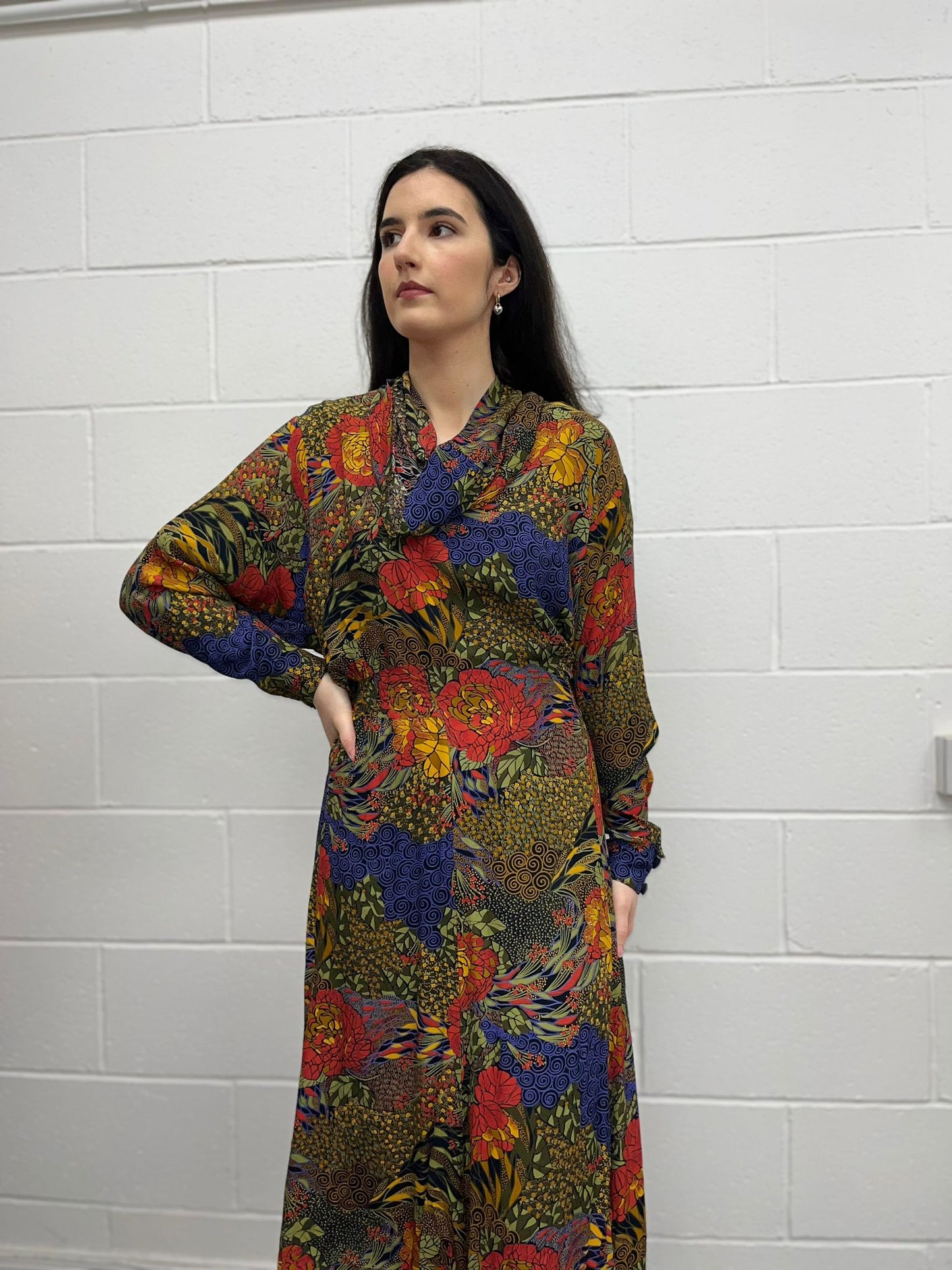 Tropical Cowl Neck Midi Dress
