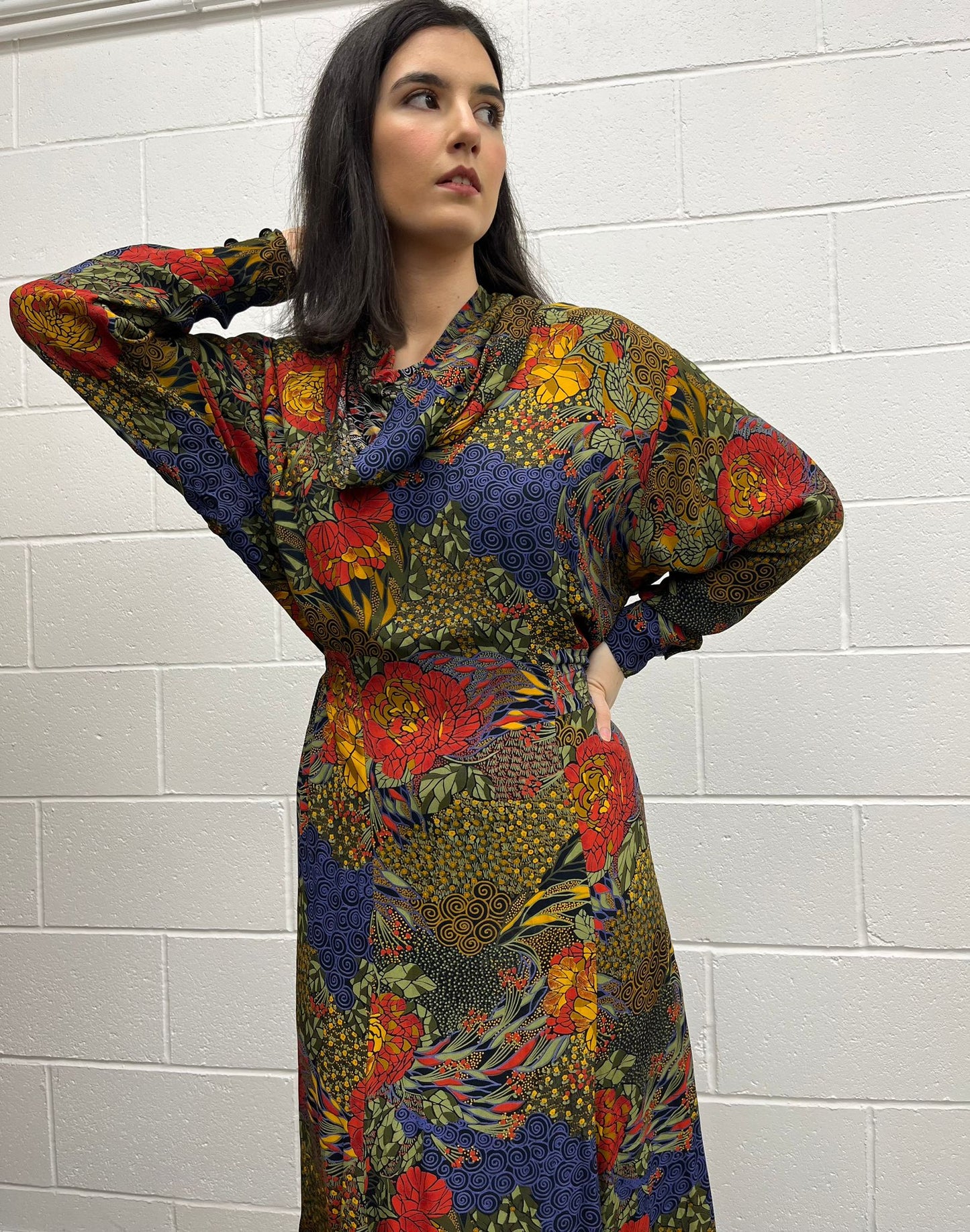 Tropical Cowl Neck Midi Dress