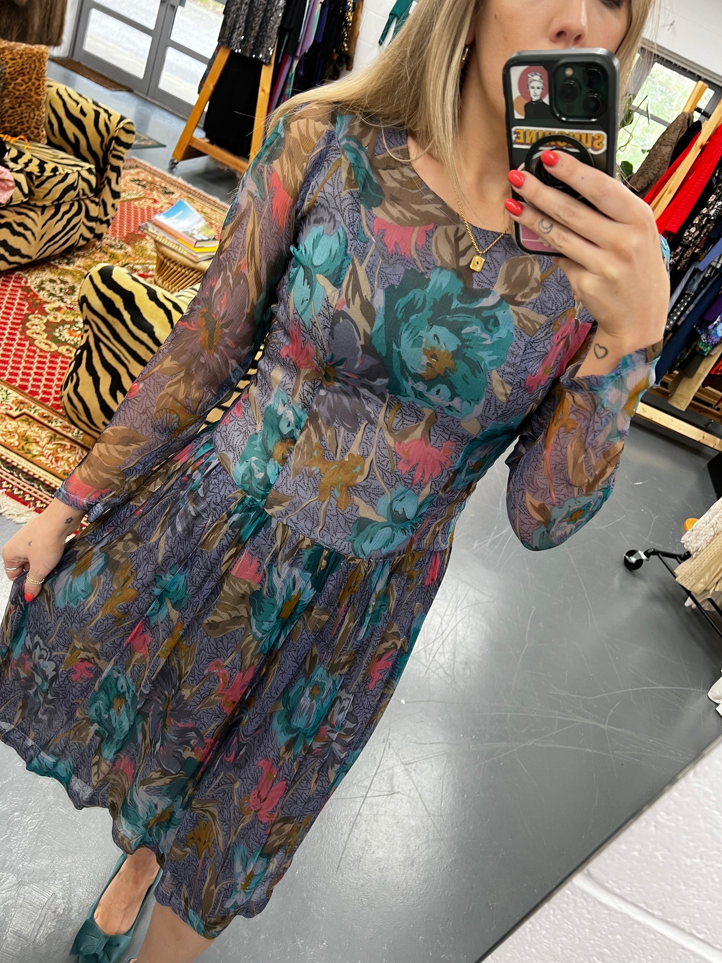 Whimsical 70s Floral Chiffon Dress